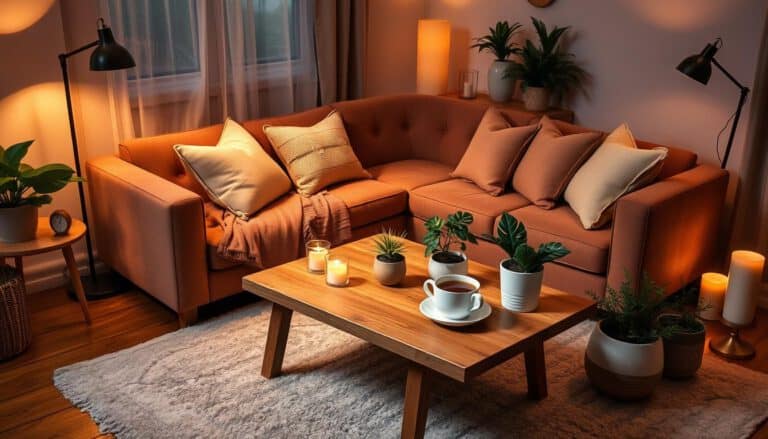 Gemütliches Wohnzimmer mit braunem Sofa, Kissen, Pflanzen und warmem Licht für eine behagliche Atmos.